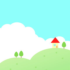 blue sky and house on the hill. 青い空と丘の上の一軒家