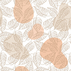 Monochrome drawing leaves and abstract form. Vector seamless pattern. Elegant outline drawn plant . The texture of natural materials. Modern minimalist line drawing. Textile plant print in boho style.