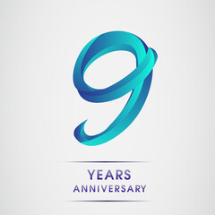 9th Anniversary celebration logotype blue colored isolated on white background. Design for invitation card, banner and greeting card