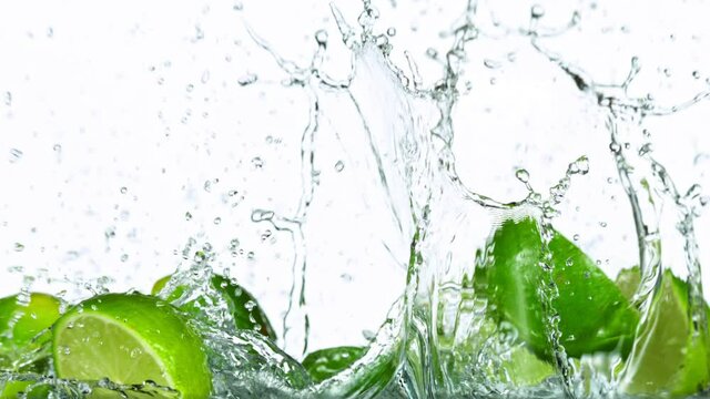 Fresh Limes Slices Falling with Water Splash in Super Slow Motion. Shot at 1000 fps