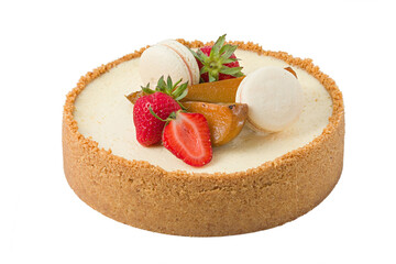 Cheesecake with strawberries, caramelized pear and macaroons