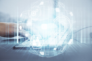 Media network theme hologram with man working on computer on background. Concept of internet communication. Double exposure.