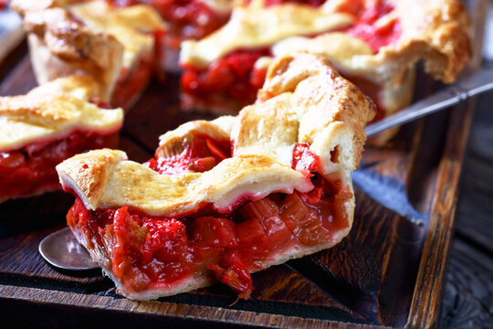 close-up of Homemade Strawberry Rhubarb Pie slice