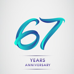 67th Anniversary celebration logotype blue colored isolated on white background. Design for invitation card, banner and greeting card