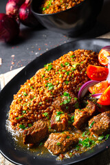 Buckwheat groats baked in the oven with beef goulash