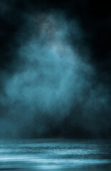 Dark dramatic abstract scene background. Neon glow reflected on the pavement. Smoke, smog and fog. Dark street, wet asphalt, reflections of rays in the water. Abstract dark blue background. 