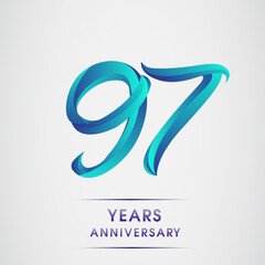 97th Anniversary celebration logotype blue colored isolated on white background. Design for invitation card, banner and greeting card