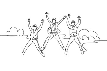 One line drawing of young happy business man and business woman jumping to celebrate their successive business. Business deal celebration concept. Continuous line draw design vector illustration