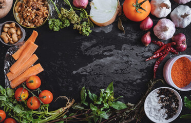 Fresh organic food ingredient, vegetables, herb and spices on black stone texture. Healthy Food Background