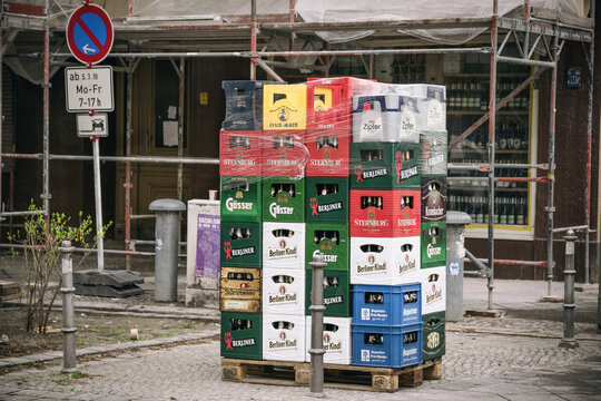  A pallet with beer crates and other drinks on the street in Berlin Germany 