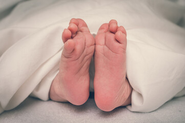 Newborn baby feet in bed under white blanket