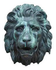 Antique bronze lion face sculpture isolated on white