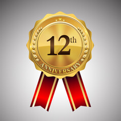 Celebrating 12th anniversary logo, with golden badge and red ribbon isolated on white background.