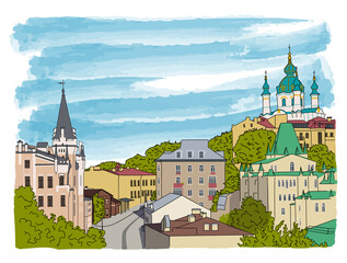 Colorful Andriyivsky Descent Watercolor Vector Illustration Podil Kyiv Church City View Ukraine