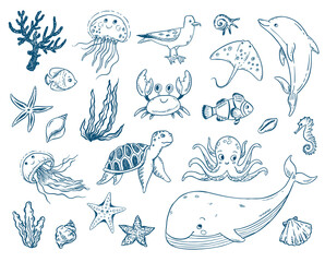 Vector doodle illustration set sea creatures and plants. Fish, turtle, whale, dolphin, jellyfish, octopus, sea horse, seaweed, molluscs. Cartoon coloring book undersea world.