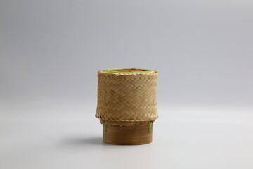 Mini Sticky Rice Basket Container from Bamboo. Isolated on White Background.