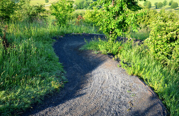 single trail path on mountain sprung bikes sharp bends bends jumps in forest or meadow. dark gravel...