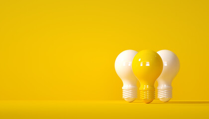 3D White light bulb and yellow light bulb on yellow background. bright idea concept