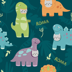 Seamless vector pattern cats in a dinosaur costumes. Cute kitten childish pattern on a dark background with lettering and paw prints. For babies and children posters, prints, textile.
