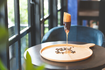 Sparking peach puree with coffee.