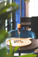 Sparking peach puree with coffee.