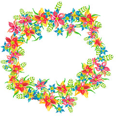 Circle frame of flowers painted in watercolor, for the design of cards, invitations, business cards