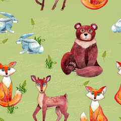 Seamless pattern with forest animals, for printing on fabric, wrapping paper. Watercolor drawing bear, fox, hare and deer.