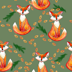 seamless pattern, fox and fox footprints, watercolor drawing