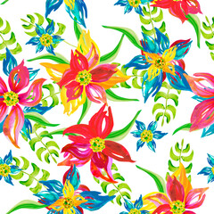 Bright flowers on a white background, seamless pattern with watercolor flowers