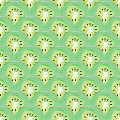 Seamless pattern with watercolor kiwi fruit slices on white background