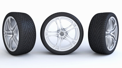 Modern Luxury Car wheel set,  Rim and tires isolated on white background. Concept image for promotion of changing or upgrading wheels. 3d illustration. © Magnetu