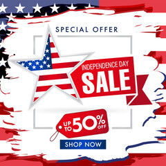 Independence day USA, Fourth of july Sale banner brush paint. 4th of July United States of America typography vector Illustration for special offer 50 off weekend discount poster