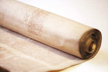 Old torah scroll book close up detail. Torah Jewish People.