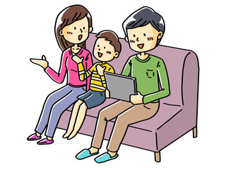 タブレットを眺めながら家族団欒の手描きイラスト