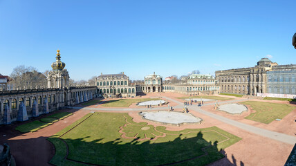Obraz premium Panoramic view from terrace above Porcelain Pavilion toward courtyard of Zwinger complex in Dresden, Saxony, Germany.