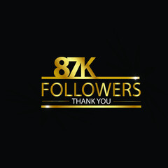 87K,87.000 Followers celebration logotype. anniversary logo with golden and Spark light white color isolated on black background, vector design for celebration, Instagram, Twitter - Vector