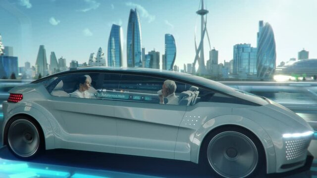 Beautiful Female and Senior Man are Having a Conversation in a Driverless Autonomous Vehicle. Futuristic Self-Driving Van is Moving on a Public Highway in a Modern City with Glass Skyscrapers.