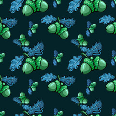 blue oak acorns seamless pattern background
