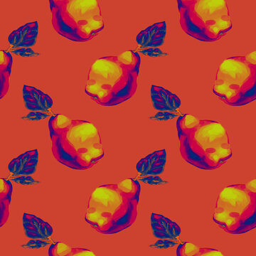 quince fruit seamless pattern orange background