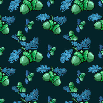 blue oak acorns seamless pattern background