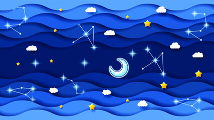 Absract Paper Cut Dark Sky Background With Clouds Moon Constellations And Stars Style Design Vector