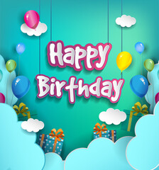 Happy Birthday vector design for greeting cards with balloon and clouds, vector illustration for birthday celebration