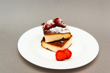 Appetizing Cottage cheese bake cake casserole with strawberries