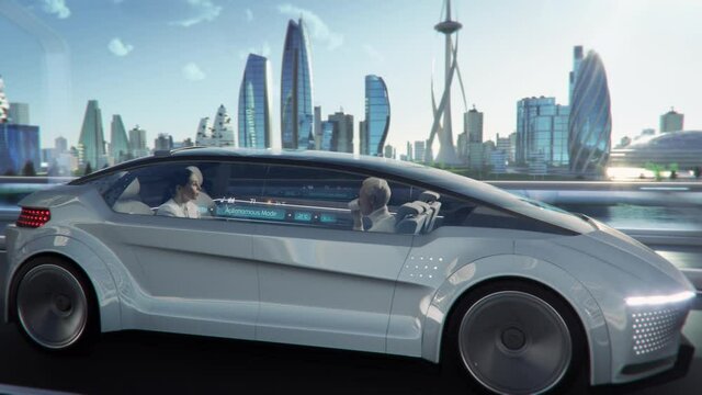 Beautiful Female and Senior Man are Having a Conversation in a Driverless Autonomous Vehicle. Futuristic Self-Driving Van is Moving on a Public Highway in a Modern City with Glass Skyscrapers.