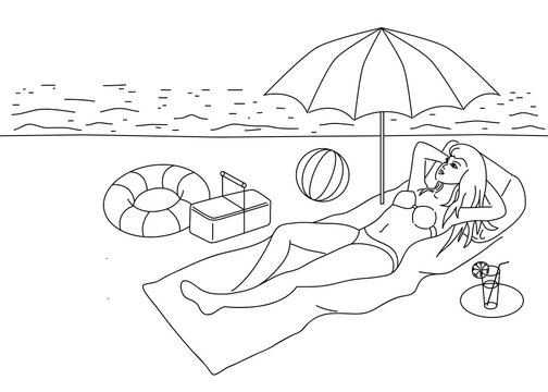 recommend clip art: Girl outline on a beach, coloring beach resort linear girl lying under sun near to sea, summer picnic, umbrella and ball on a sand, 