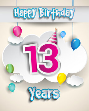13th Anniversary Celebration Design, with clouds and balloons, confetti. Vector template elements for birthday celebration party.