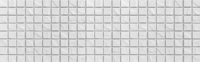 Panorama of white mosaic tile wall texture and background seamless