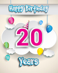 20th Anniversary Celebration Design, with clouds and balloons, confetti. Vector template elements for birthday celebration party.