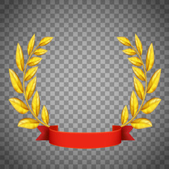 Golden laurel wreath with a red ribbon. Vector template.