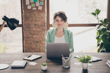 Photo of attractive pretty business lady notebook table chatting colleagues read corporate report...